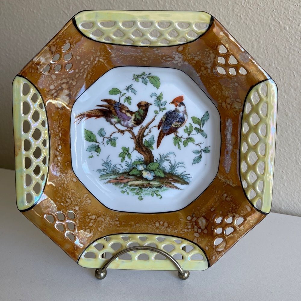 Schwartzenhammer Bavaria Octagonal  Reticulated Bowl With Birds Vintage